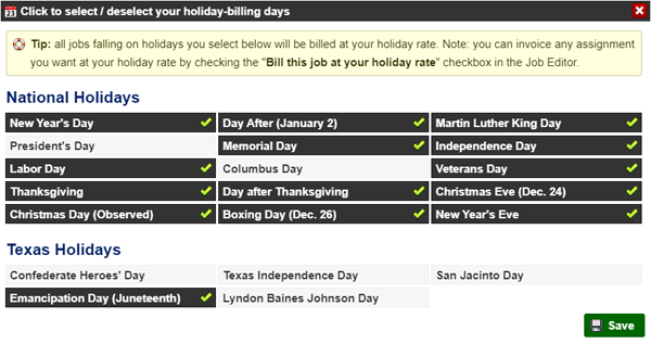 Custom billing rate on federal and state holidays